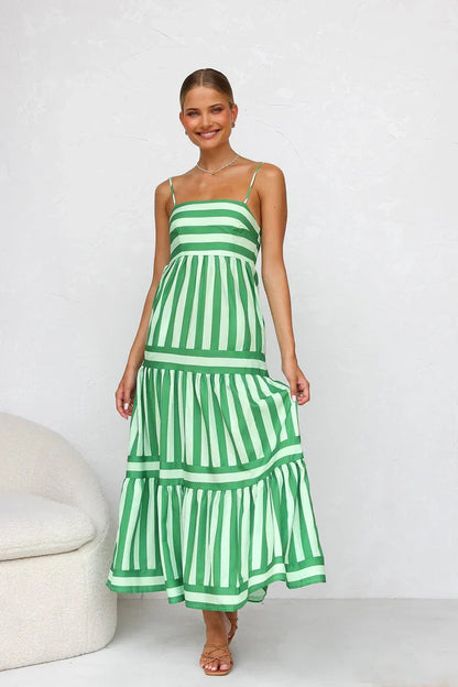 Striped Maxi Dress - Green/White - Sleeveless Summer Dress, Cotton Blend