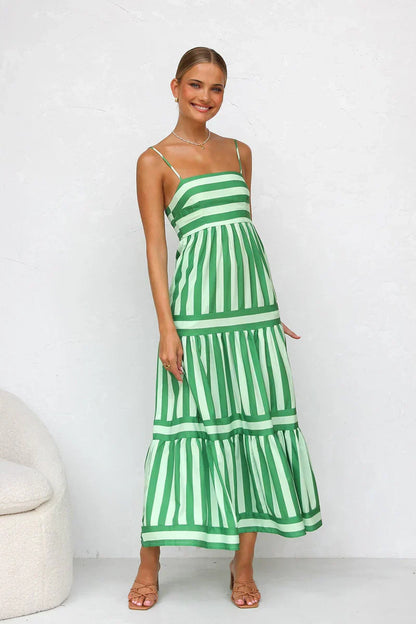 Striped Maxi Dress - Green/White - Sleeveless Summer Dress, Cotton Blend