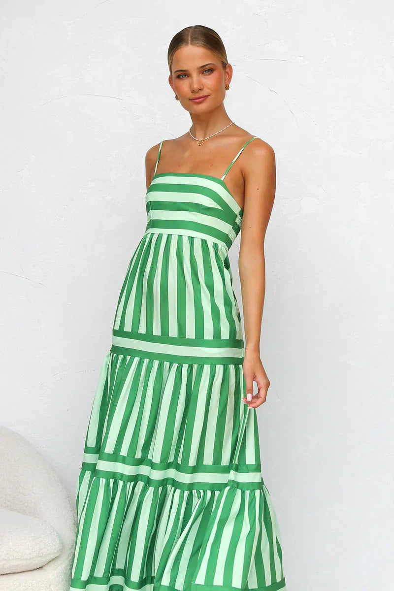 Striped Maxi Dress - Green/White - Sleeveless Summer Dress, Cotton Blend