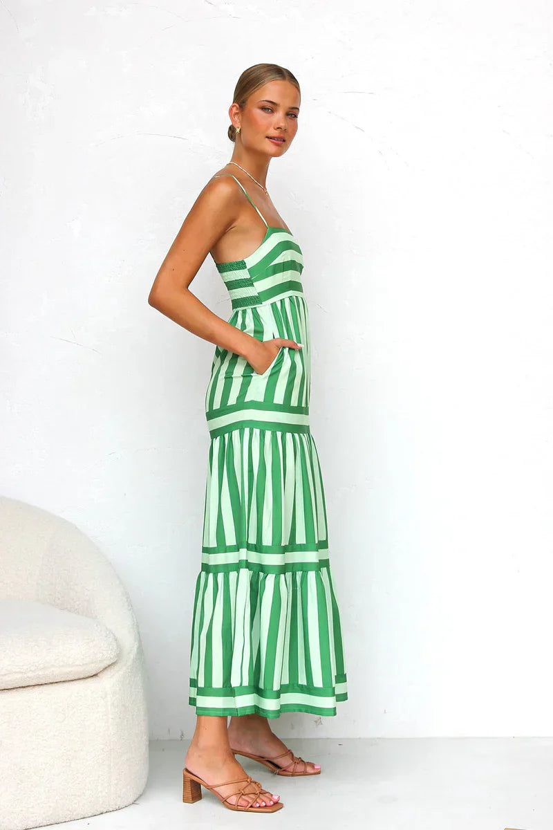Striped Maxi Dress - Green/White - Sleeveless Summer Dress, Cotton Blend