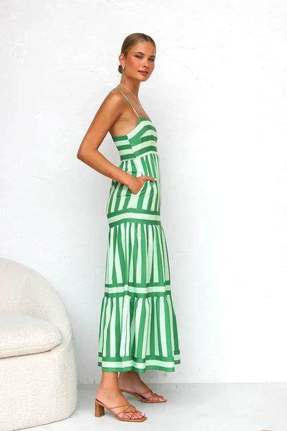 Striped Maxi Dress - Green/White - Sleeveless Summer Dress, Cotton Blend