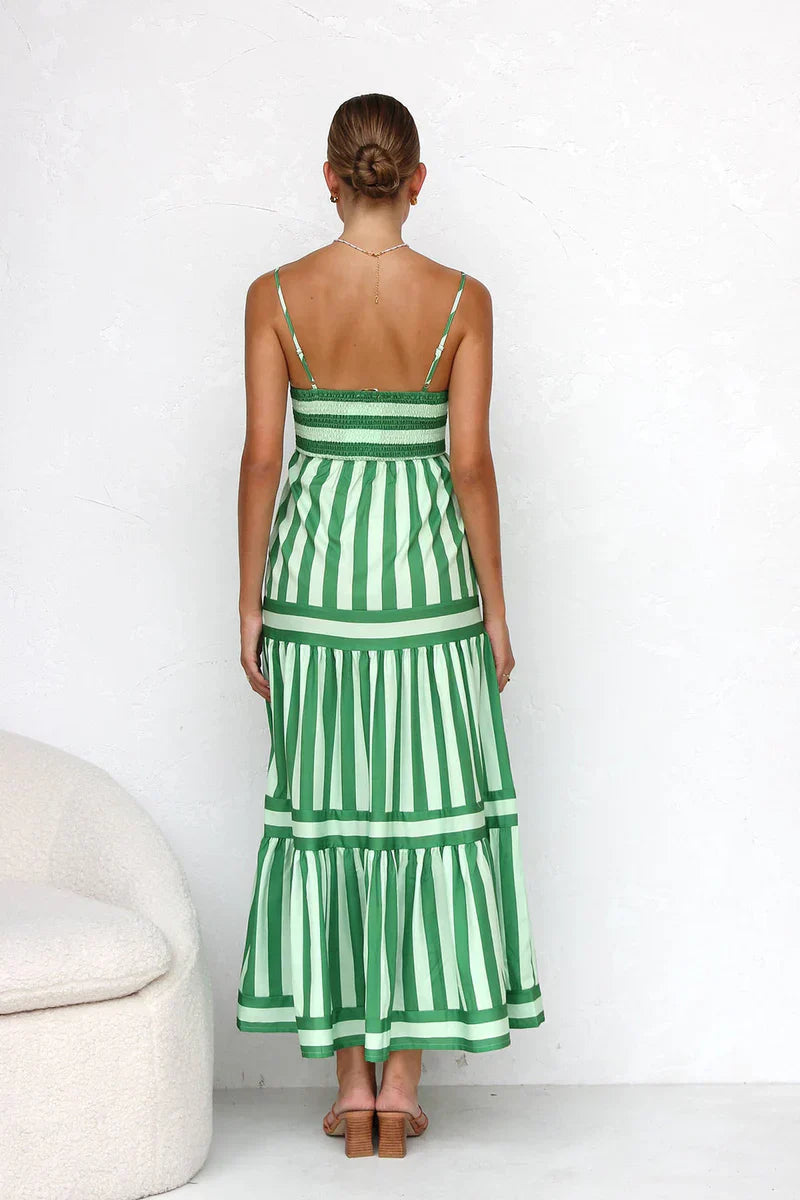 Striped Maxi Dress - Green/White - Sleeveless Summer Dress, Cotton Blend