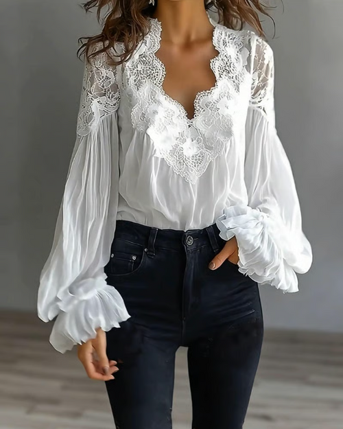 Catelyn™ - Blouse With Floral Lace And Lantern Sleeves