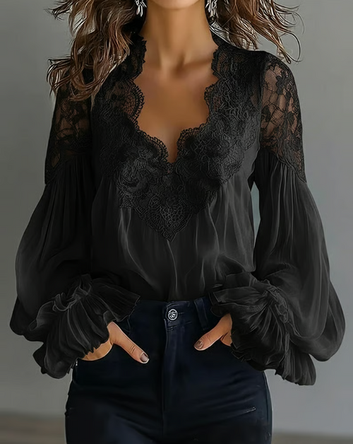 Catelyn™ - Blouse With Floral Lace And Lantern Sleeves
