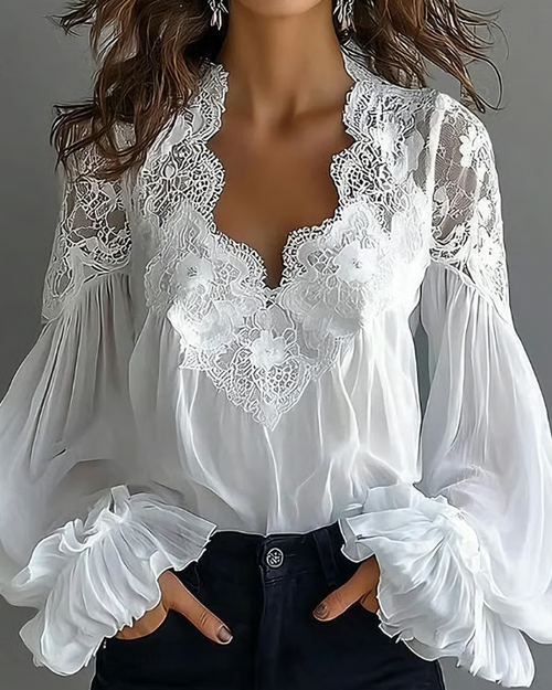 Catelyn™ - Blouse With Floral Lace And Lantern Sleeves