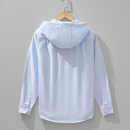 Linen-Cotton Hoodie Shirt - Light Blue - Airy & Breathable Layer