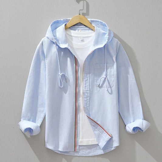 Linen-Cotton Hoodie Shirt - Light Blue - Airy & Breathable Layer