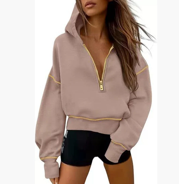 GRETEL - Stylish Hooded Sweatshirt with Zipper & Stitching Detail for Cropped Pullover