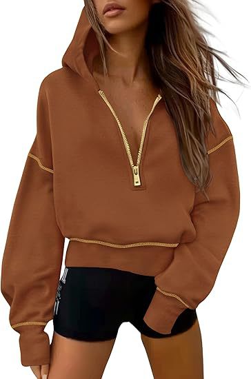 GRETEL - Stylish Hooded Sweatshirt with Zipper & Stitching Detail for Cropped Pullover