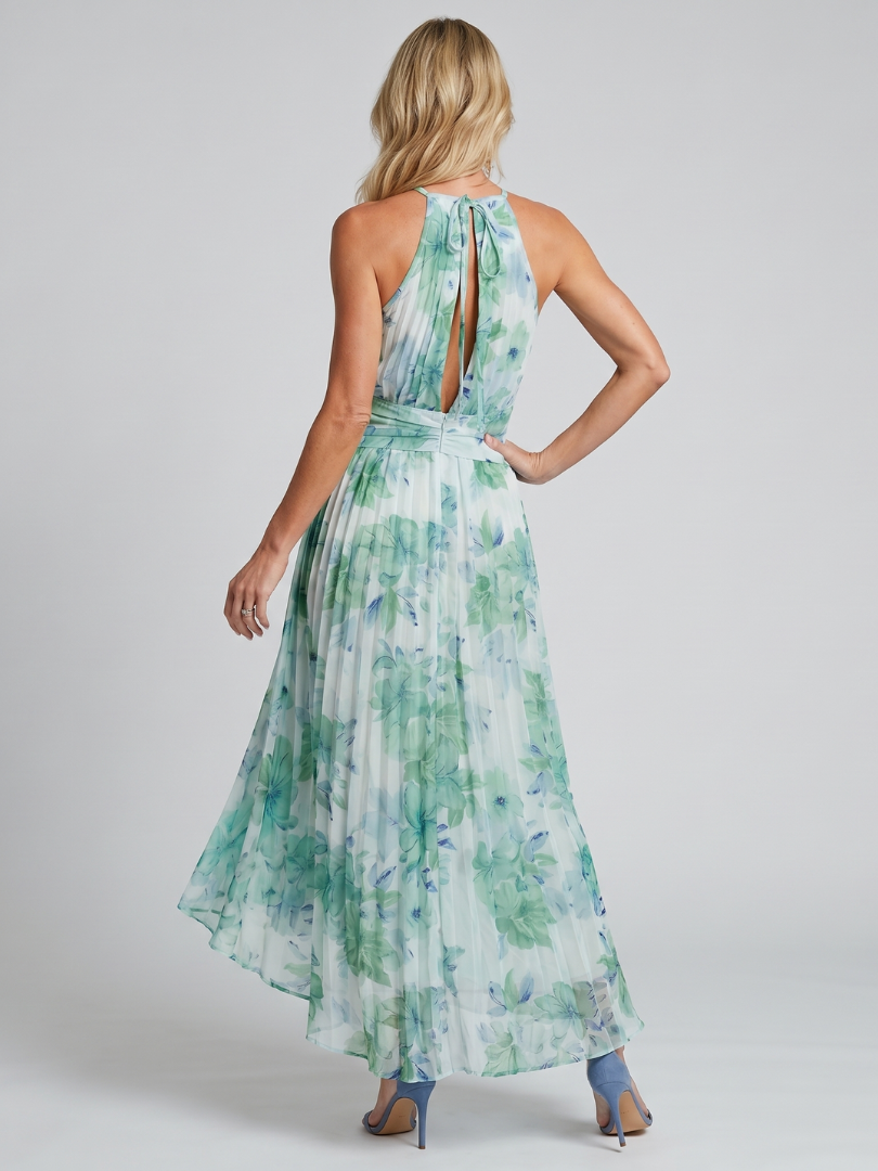 Cate™ | Pleated Halter Soft Floral Pattern Midi Dress