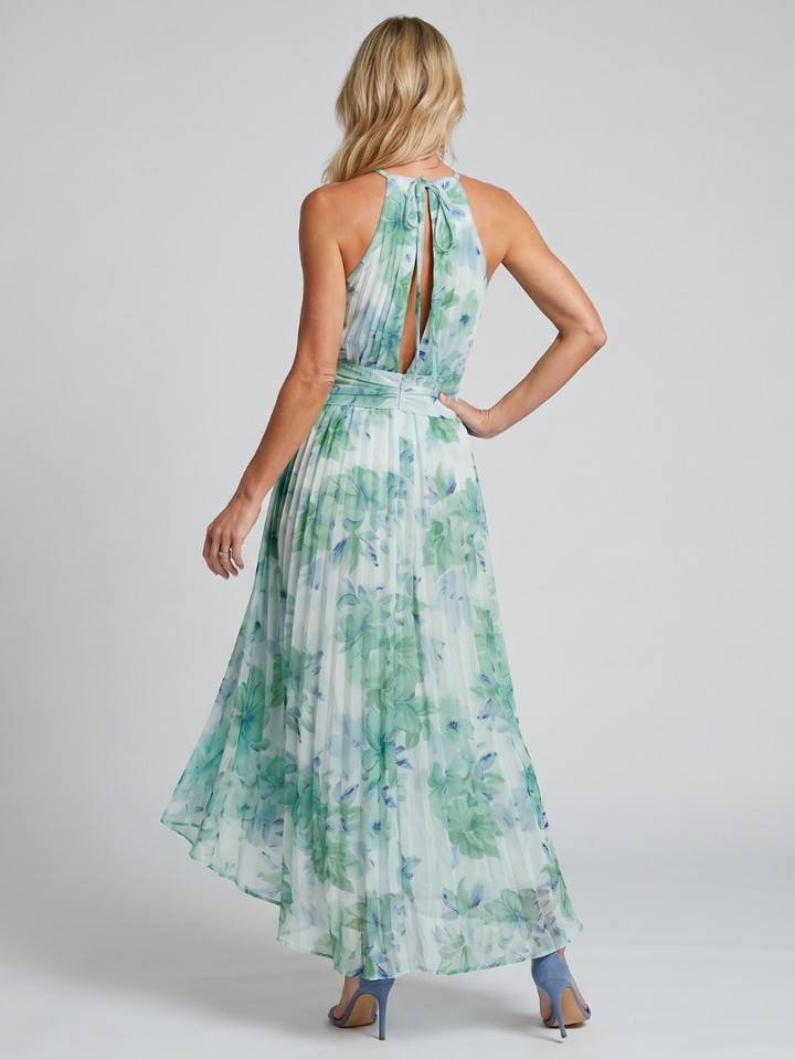Cate™ | Pleated Halter Soft Floral Pattern Midi Dress
