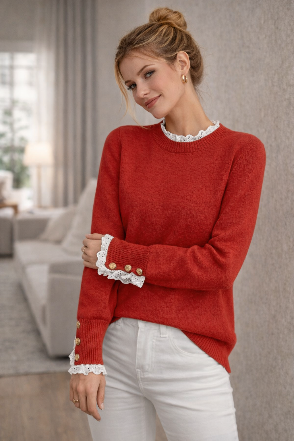 Elise™ | Lace Trim Knit Sweater