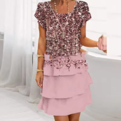 Floral Pleated Ruffle Dress - Short Sleeve, Lightweight, Elegant Layered