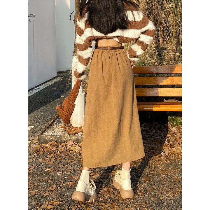 ESTELLE – Classic Belt Corduroy Midi Skirt