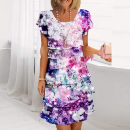 Floral Pleated Ruffle Dress - Short Sleeve, Lightweight, Elegant Layered