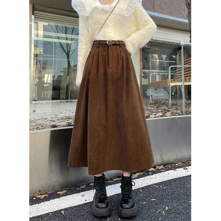 ESTELLE – Classic Belt Corduroy Midi Skirt