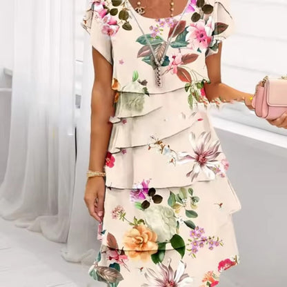 Floral Pleated Ruffle Dress - Short Sleeve, Lightweight, Elegant Layered