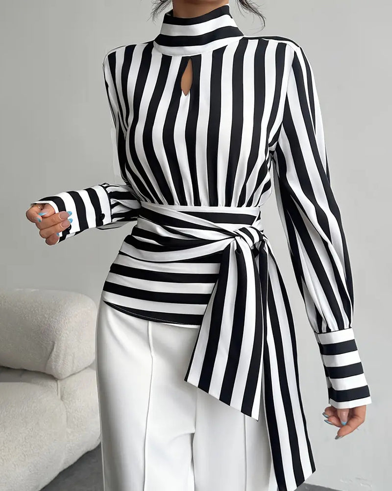 Zoë™ Women's Chic Mock Neck Chuncky Stripe Belted Blouse