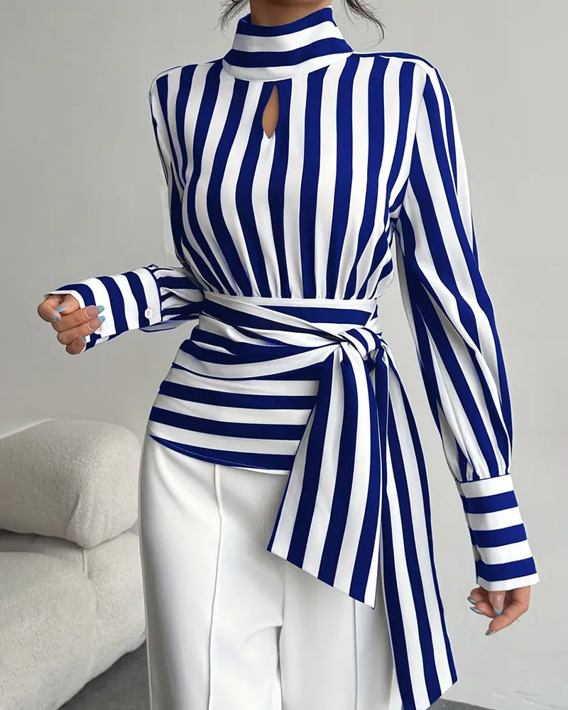 Zoë™ Women's Chic Mock Neck Chuncky Stripe Belted Blouse