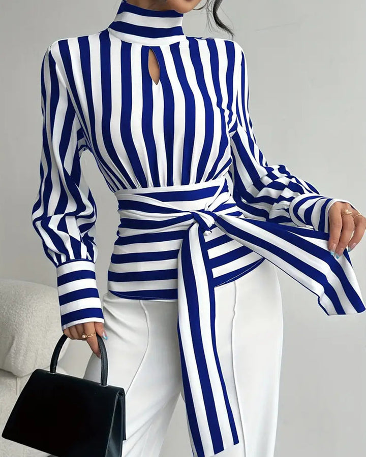 Zoë™ Women's Chic Mock Neck Chuncky Stripe Belted Blouse