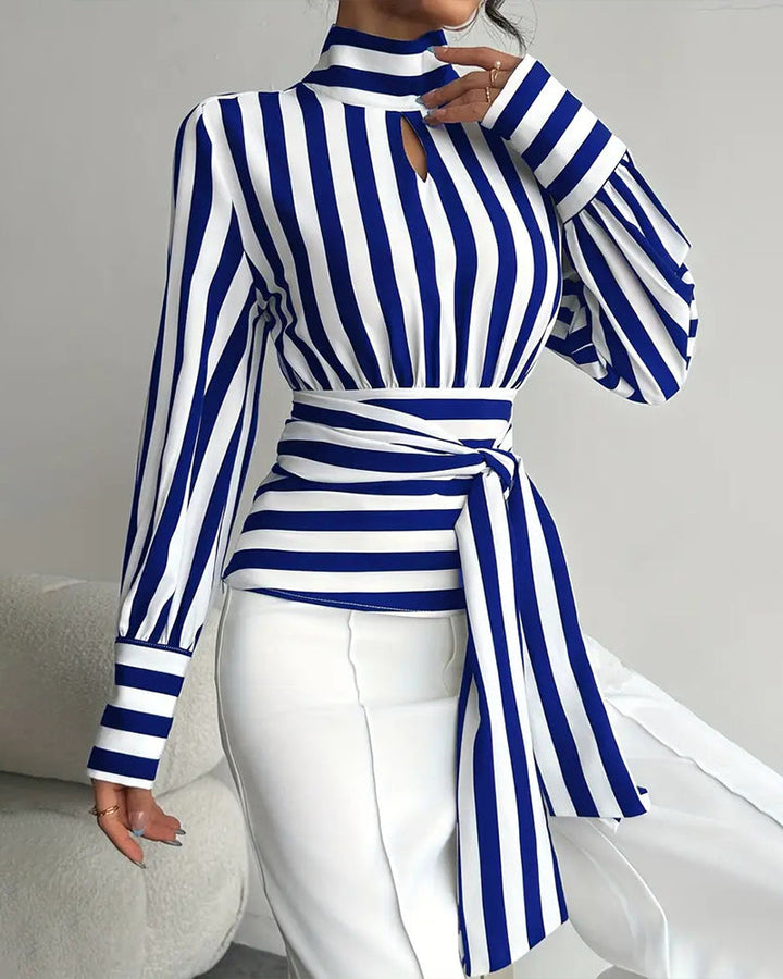 Zoë™ Women's Chic Mock Neck Chuncky Stripe Belted Blouse