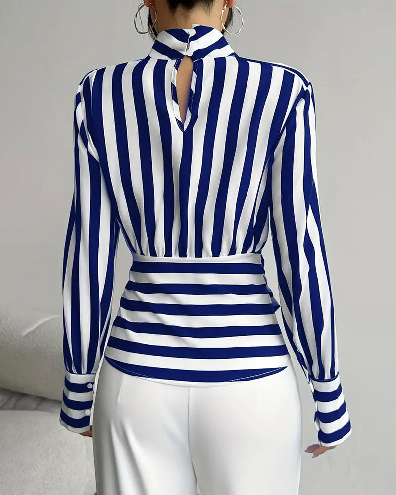 Zoë™ Women's Chic Mock Neck Chuncky Stripe Belted Blouse