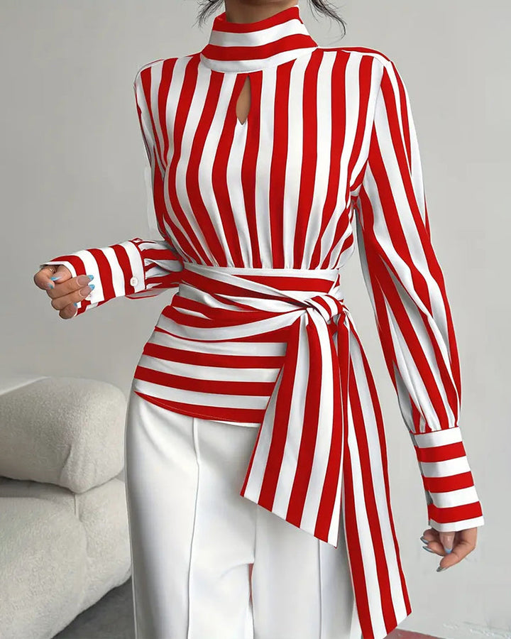 Zoë™ Women's Chic Mock Neck Chuncky Stripe Belted Blouse