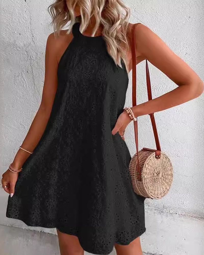 Celeste™ Eyelet Pattern Halter Neck Cotton Sleeveless Dress