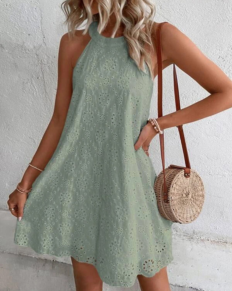 Celeste™ Eyelet Pattern Halter Neck Cotton Sleeveless Dress