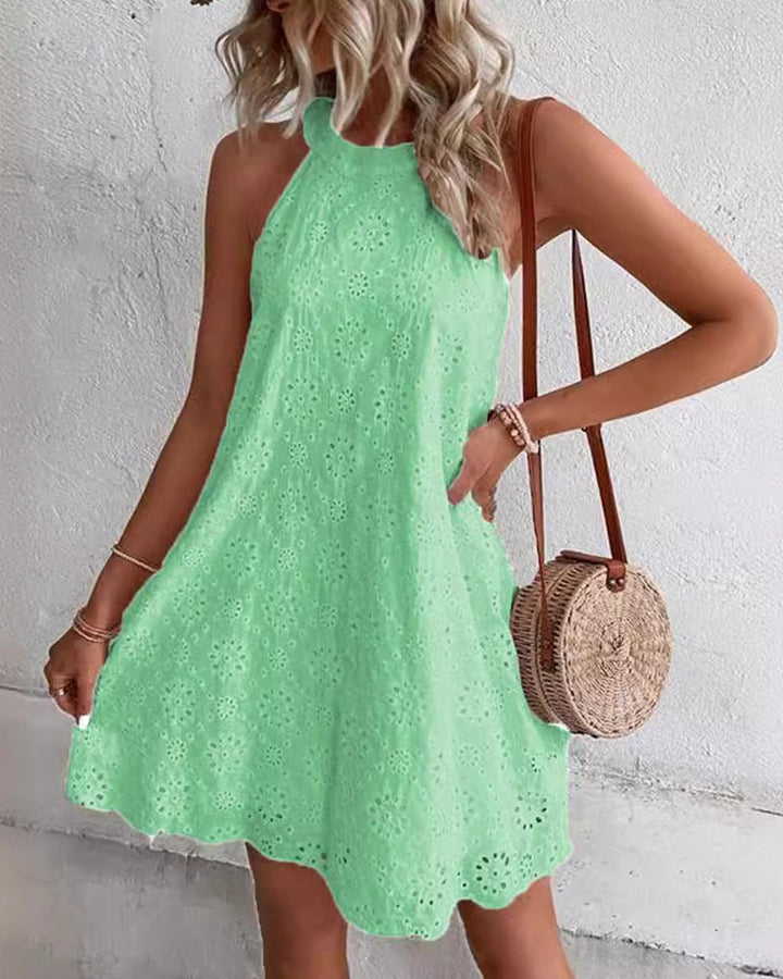 Celeste™ Eyelet Pattern Halter Neck Cotton Sleeveless Dress