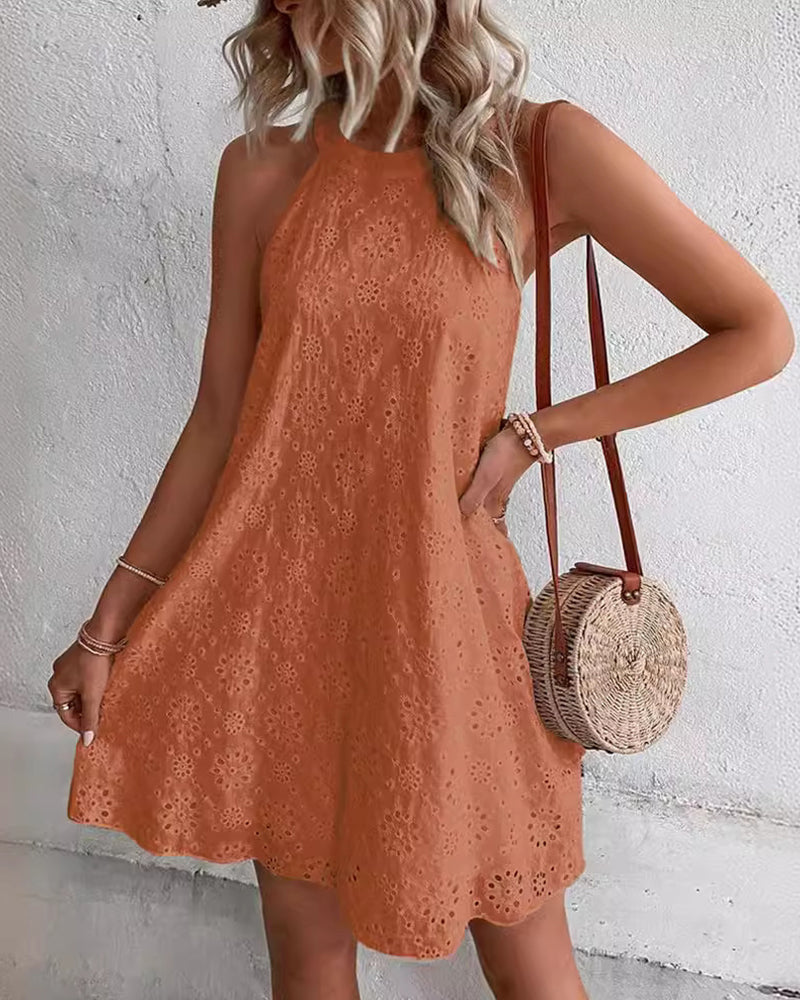 Celeste™ Eyelet Pattern Halter Neck Cotton Sleeveless Dress