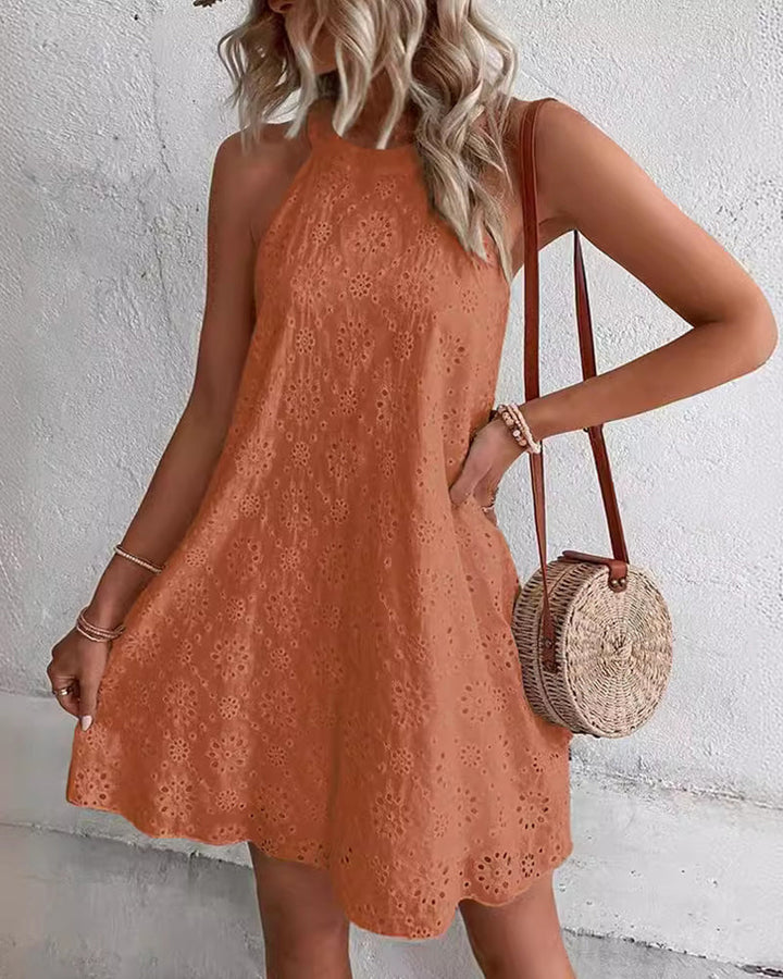Celeste™ Eyelet Pattern Halter Neck Cotton Sleeveless Dress