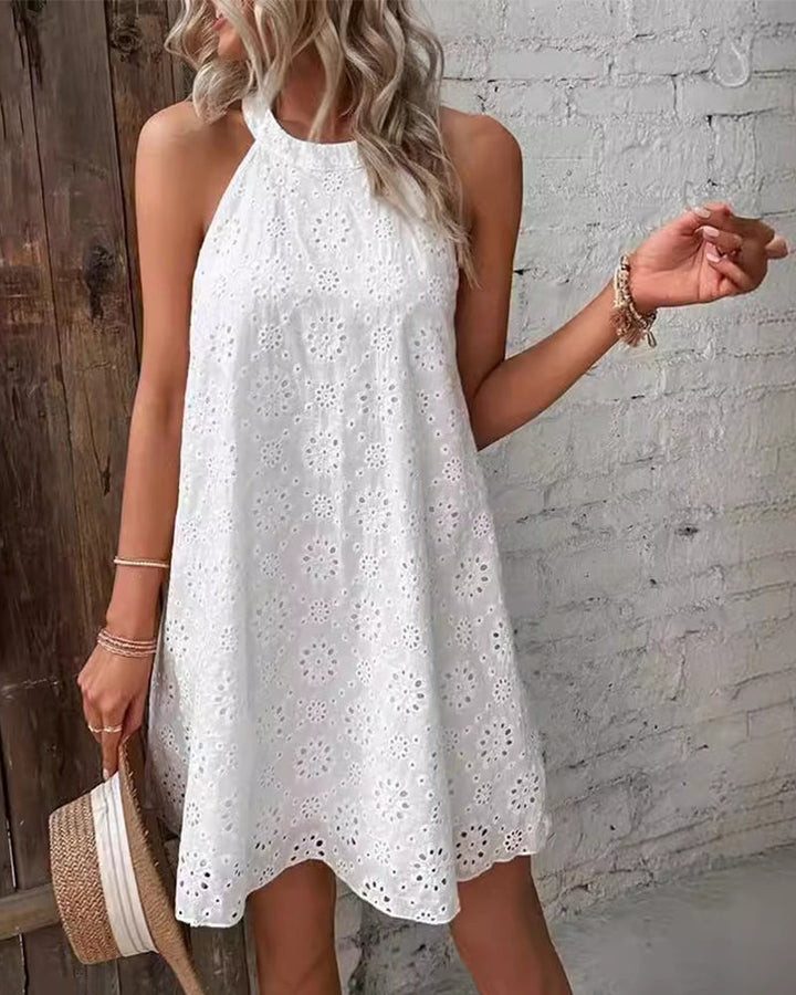 Celeste™ Eyelet Pattern Halter Neck Cotton Sleeveless Dress