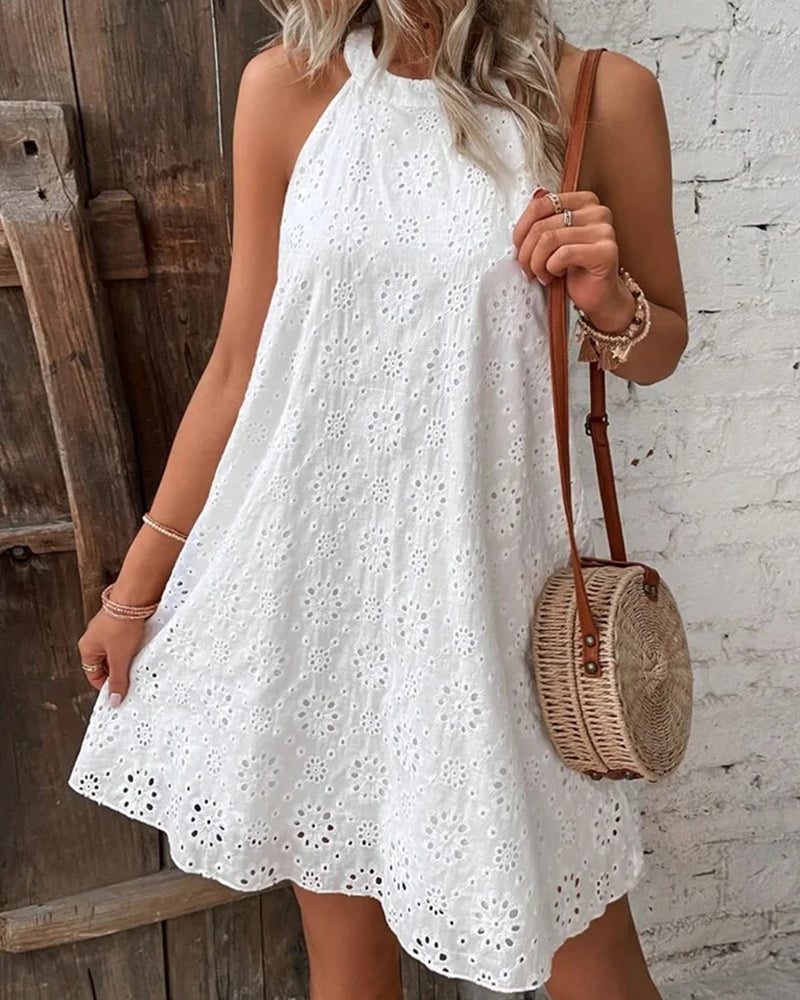 Celeste™ Eyelet Pattern Halter Neck Cotton Sleeveless Dress