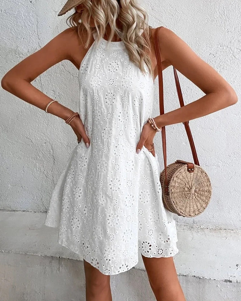 Celeste™ Eyelet Pattern Halter Neck Cotton Sleeveless Dress