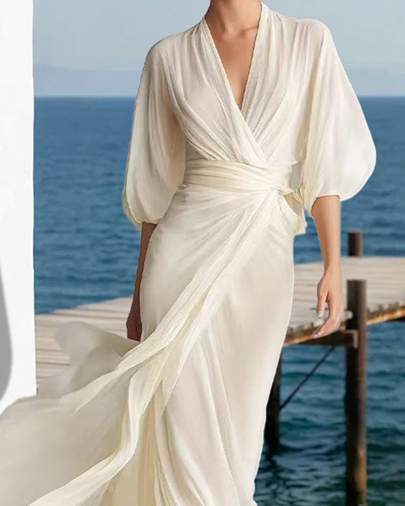 Iris™ | Flowy Layered Lantern Sleeves Maxi Dress