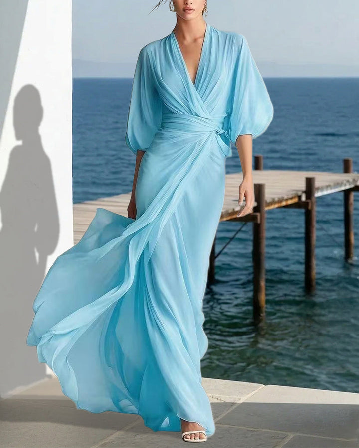 Iris™ | Flowy Layered Lantern Sleeves Maxi Dress