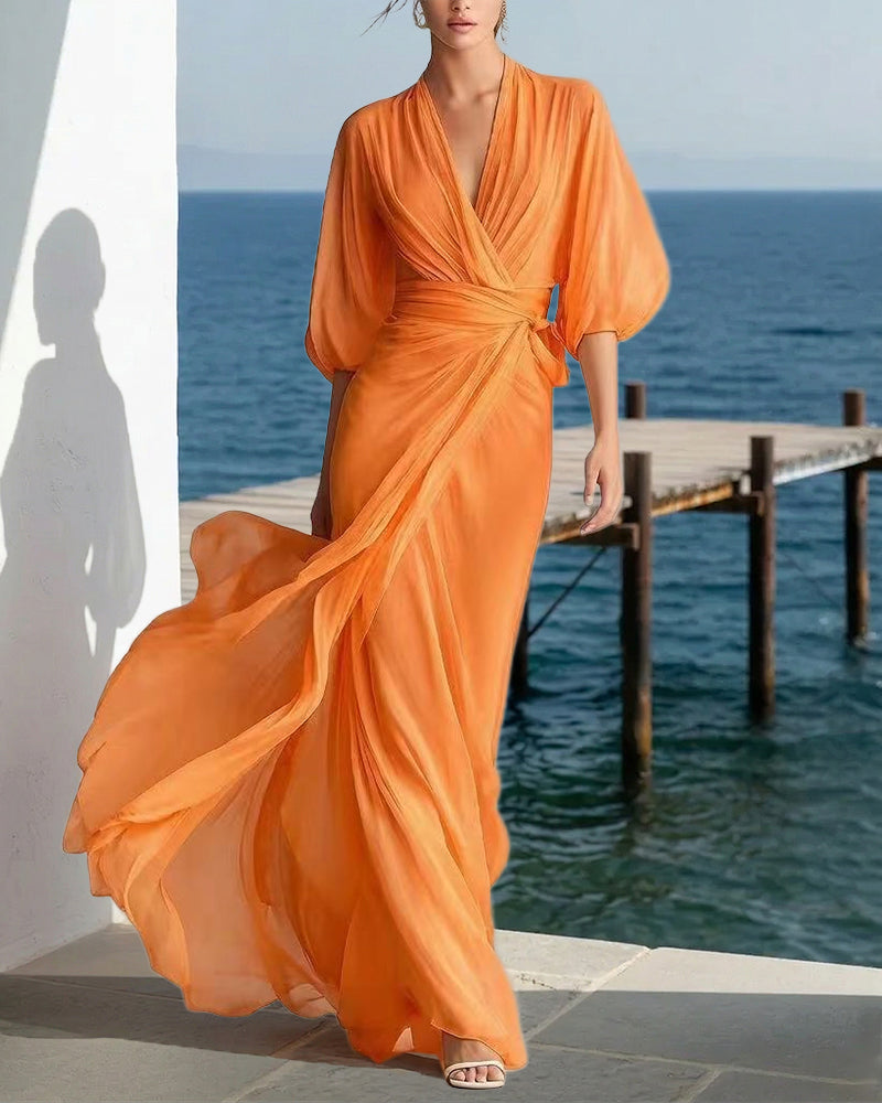Iris™ | Flowy Layered Lantern Sleeves Maxi Dress