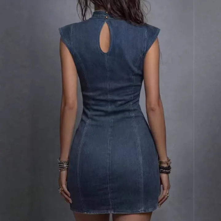 Abby™ | Denim Sculpt | Mini Dress with Cut-out and Crossed Neckline