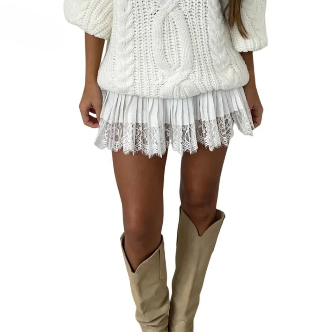 VINA - Low Waist Lace Mini Skirt with Pleated A-Line Wear