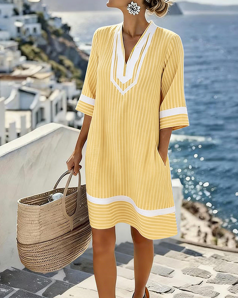 Mia™ Short Sleeve Striped Dress with V-Neck