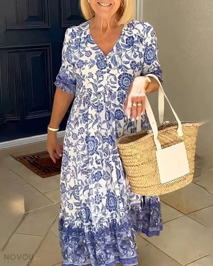 Elegant Floral V-Neck Dress for Women - Lightweight, Blue/White, Flowy