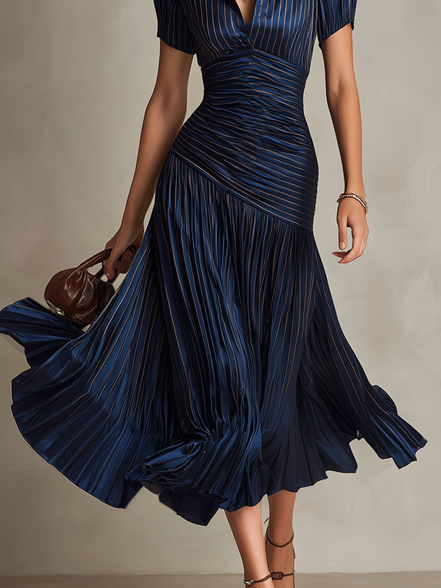 Amelia™ - Retro Striped Satin Midi Dress