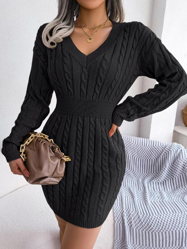 HOLLY - Cozy Long Sleeve V-Neck Cable Knit Sweater Dress
