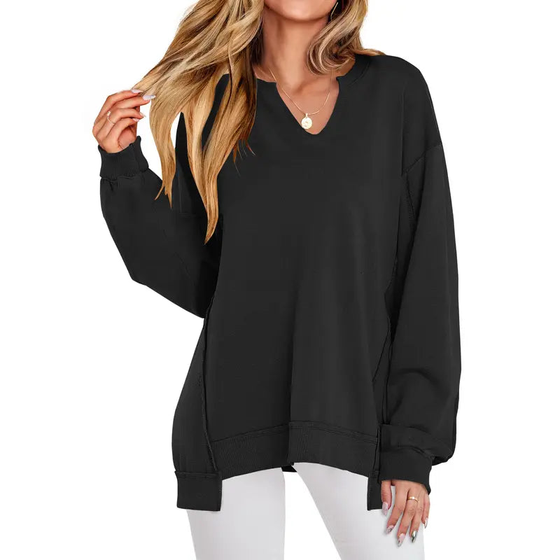 GENEVA - Casual V-Neck Oversized Sweatshirt Lightweight Long Sleeve