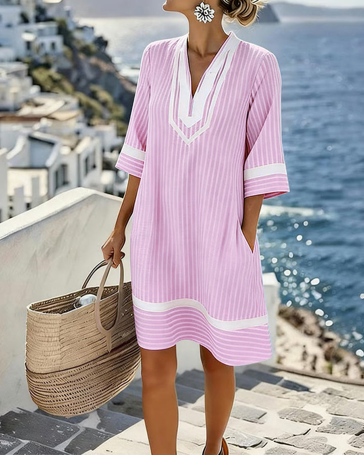 Mia™ Short Sleeve Striped Dress with V-Neck