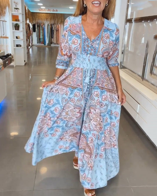 V-Neck 3/4 Sleeve Holiday Maxi Dress – Floral Print, Lightweight, Boho Style