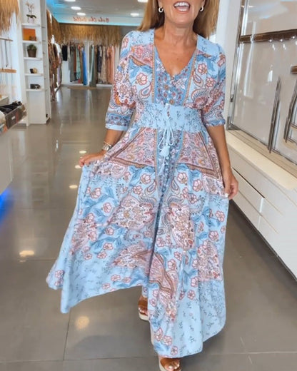 V-Neck 3/4 Sleeve Holiday Maxi Dress – Floral Print, Lightweight, Boho Style