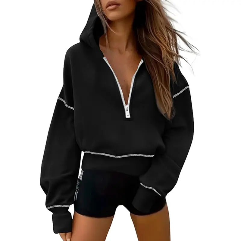 GRETEL - Stylish Hooded Sweatshirt with Zipper & Stitching Detail for Cropped Pullover