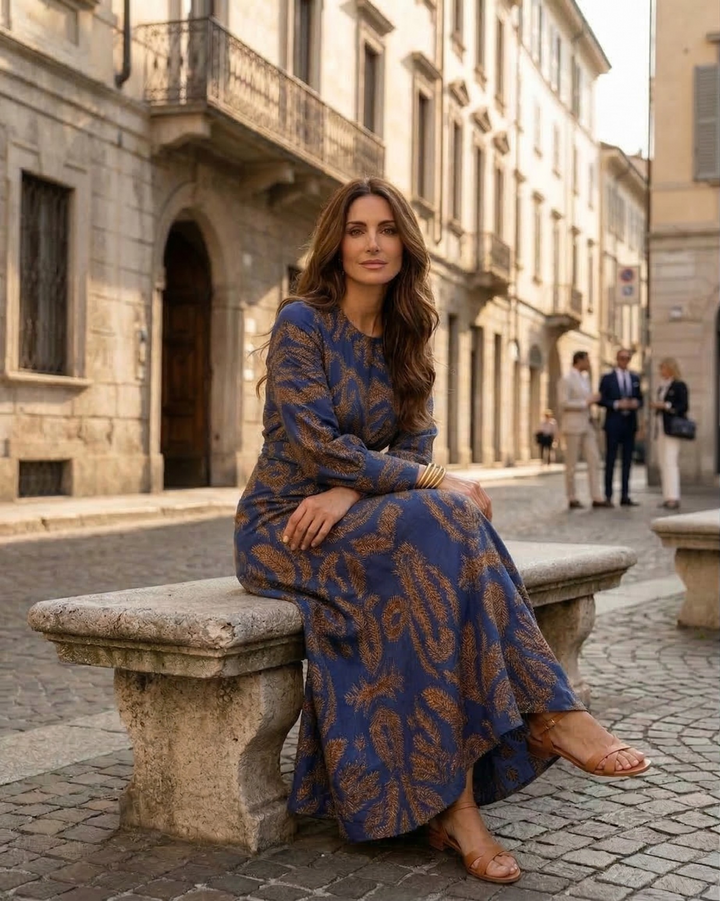 Keira™ – Elegant Midi Dress with Waist Knot and Artistic Print